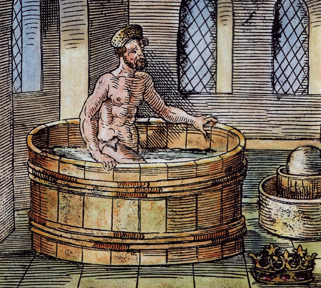 Kolorierter Holzschnitt aus dem Jahr 1547 zeigt Archimedes als er beim Bad das Archimedische Prinzip entdeckt.